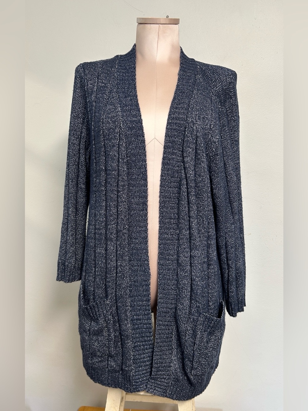 Dressbarn Open Front Marbled Blue & White Knit Long Sweater Cardigan Womens XL